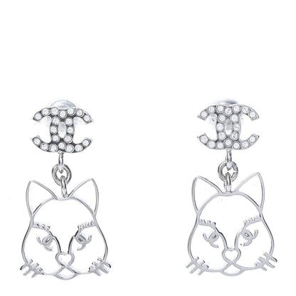 Chanel Crystal Emoji Choupette Cat CC Earrings Silver 1 of 6