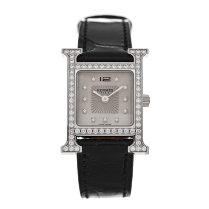 Hermes Stainless Steel Alligator Diamond Bezel Mother of Pearl 21mm Heure H Hour Quartz Watch Noir 1 of 5