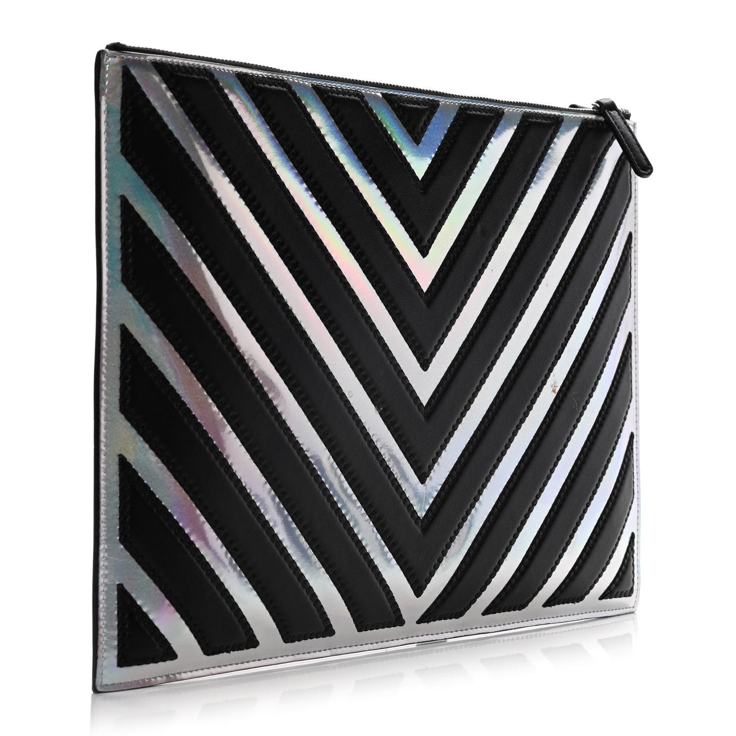 Lambskin Metallic Chevron Zip Pouch Black Silver