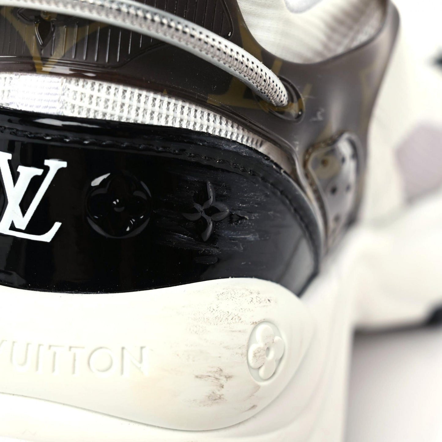 LOUIS VUITTON Monogram Calfskin Run 55 Sneakers 37.5 White