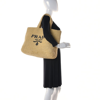 Prada Yarn Raffia Effect Crochet Embroidered Small Logo Tote Naturale 2 of 9
