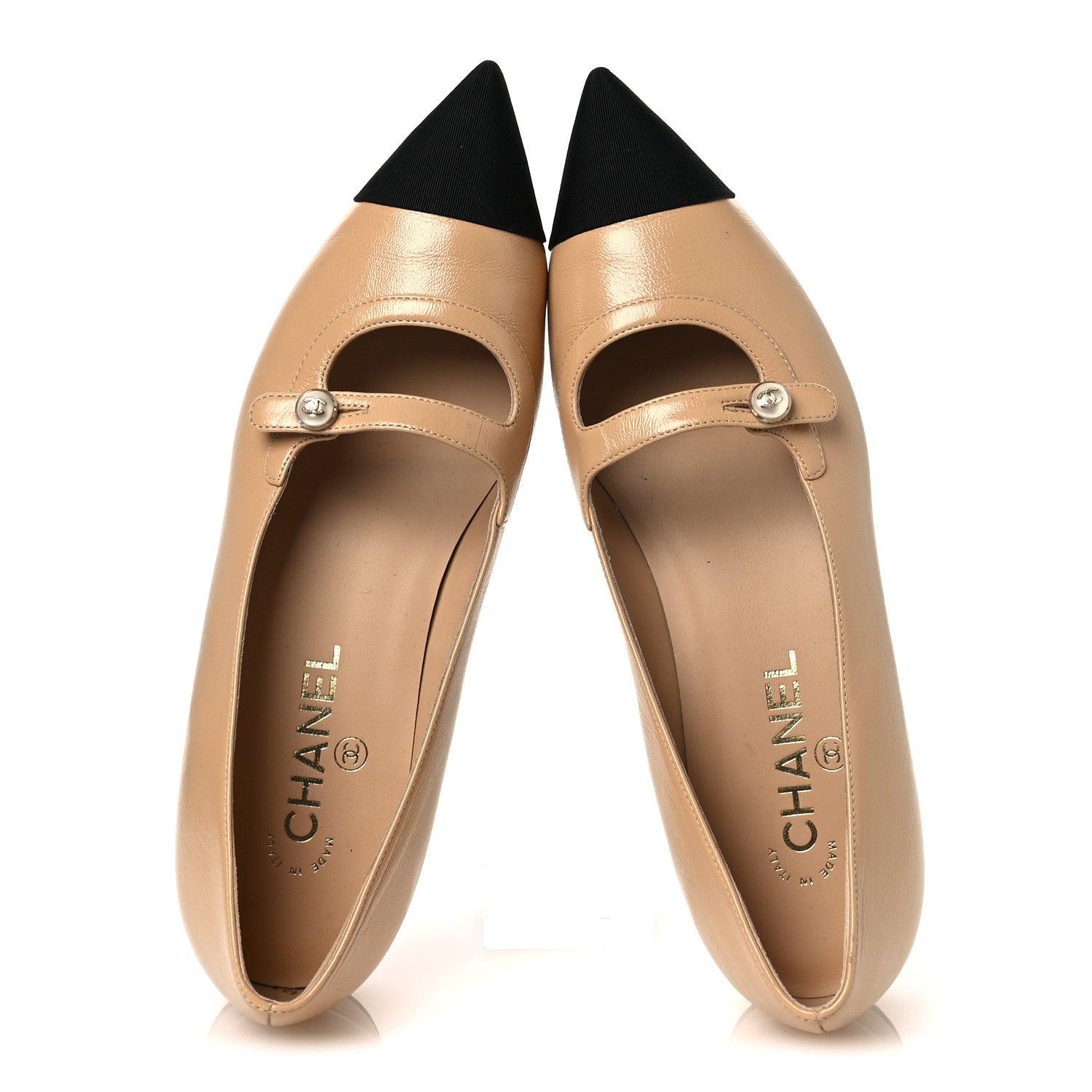 Chanel Lambskin Grosgrain Pointed Toe CC Ballet Flats 39 Beige Black 2 of 13