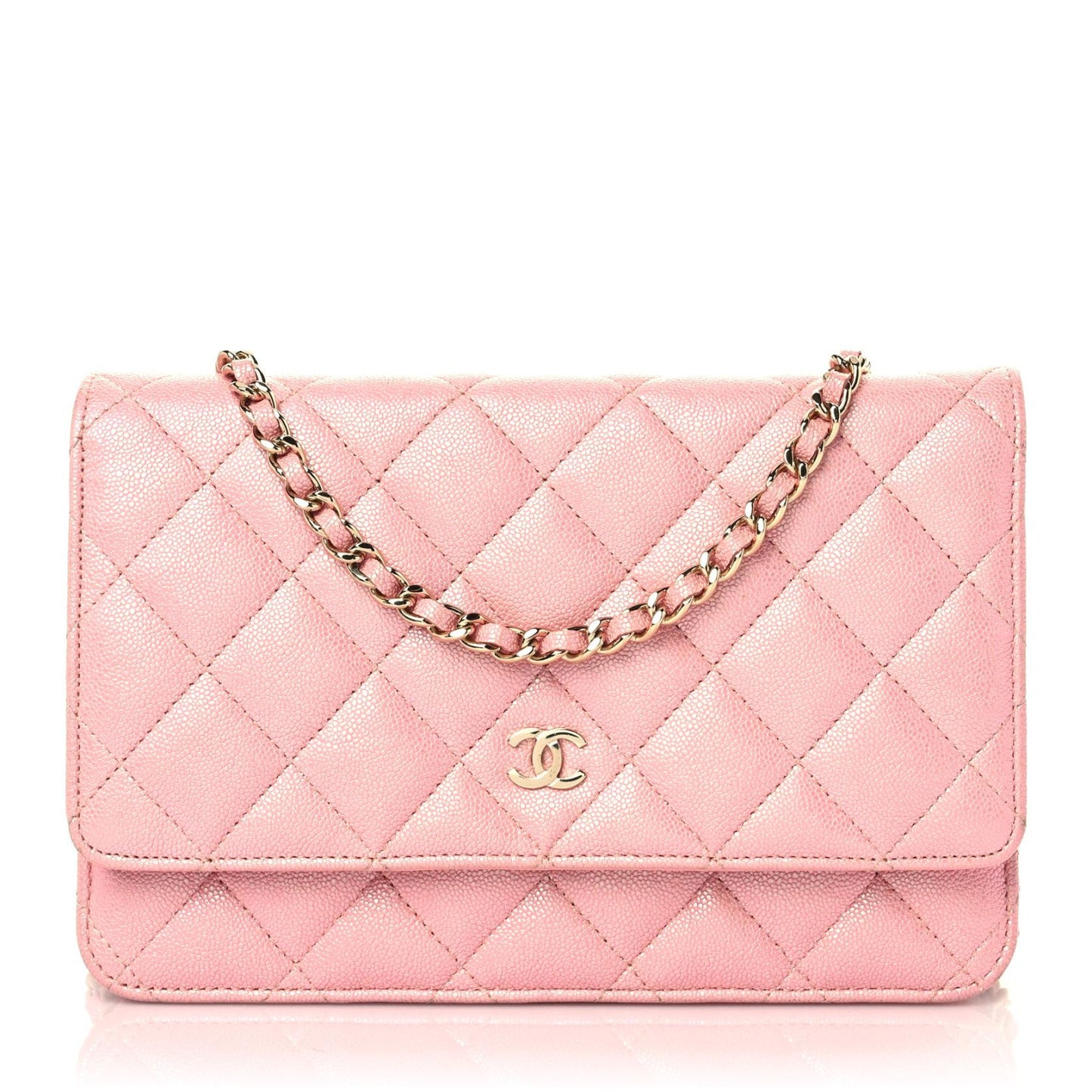 Iridescent Caviar Quilted Wallet on Chain WOC Rose Pink