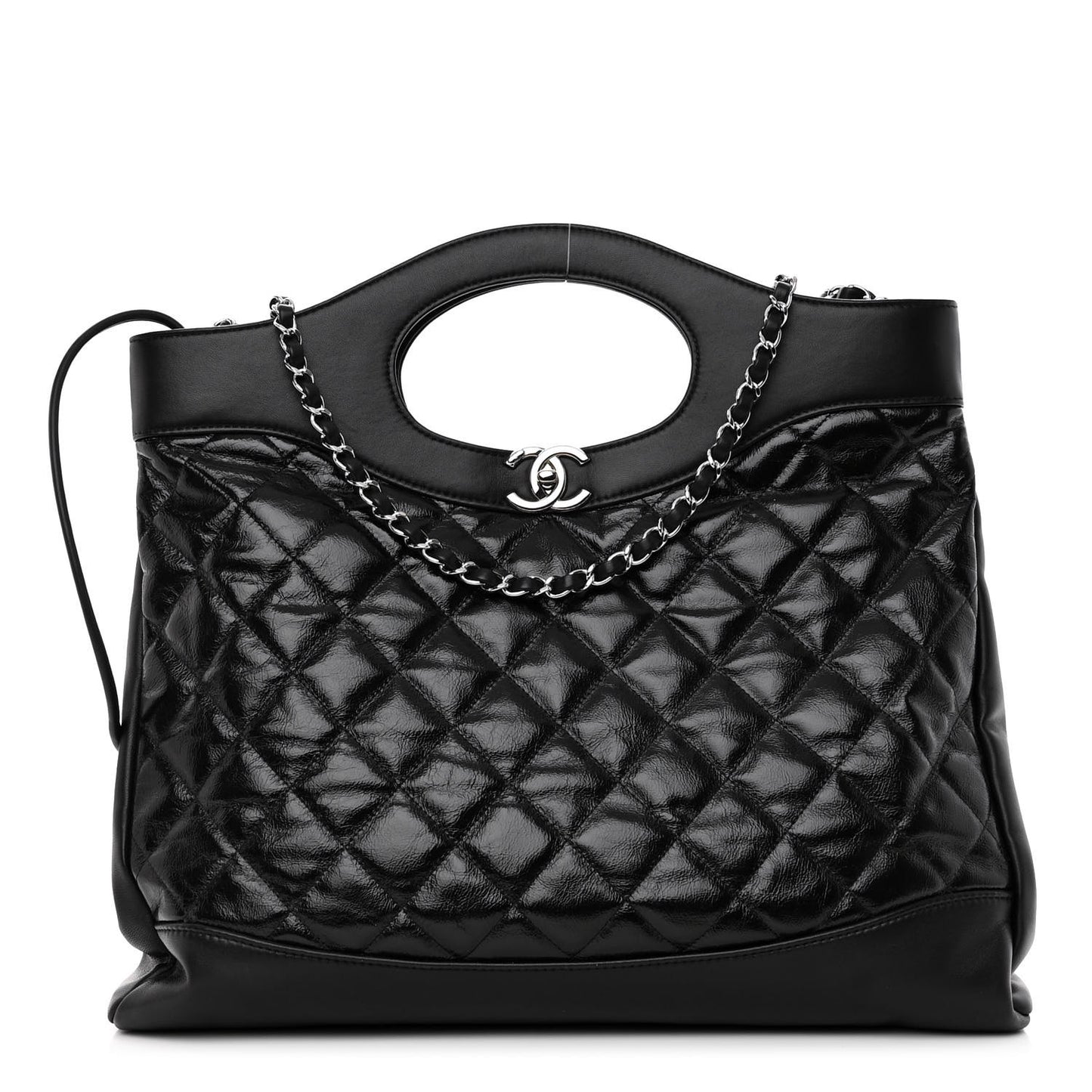 Shiny Aged Calfskin Quilted Large 31 Shopping Bag Black