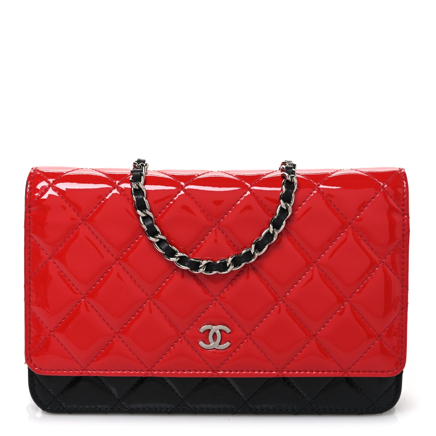 Chanel Patent Quilted Bi-Color Wallet On Chain WOC Red Black 1 of 11