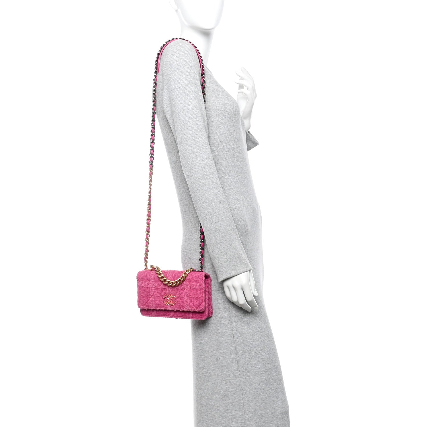 Chanel Wool Tweed Lambskin Quilted Chanel 19 Wallet On Chain WOC Fuchsia 2 of 10