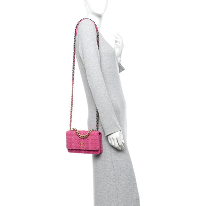 Chanel Wool Tweed Lambskin Quilted Chanel 19 Wallet On Chain WOC Fuchsia 2 of 10