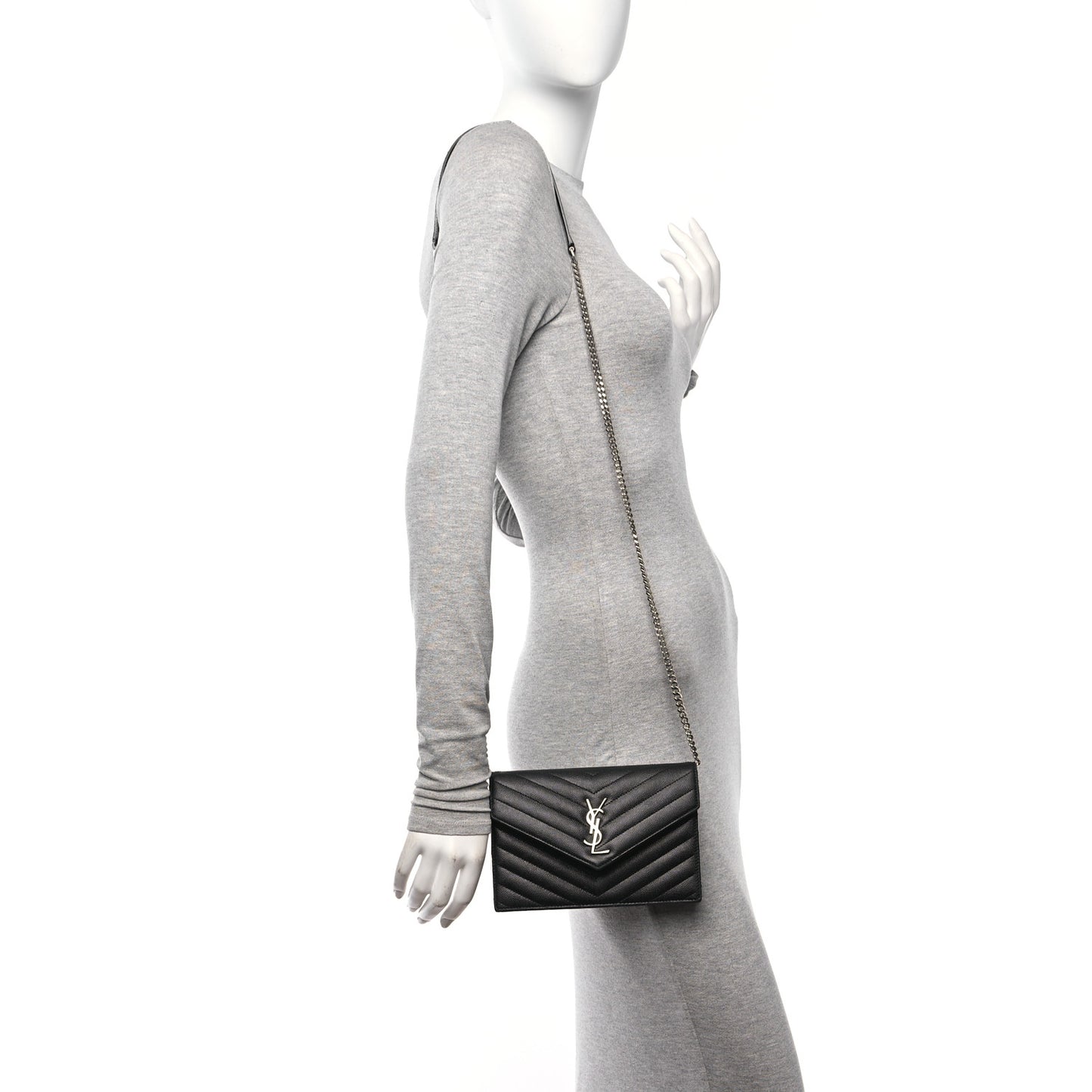 Grain De Poudre Matelasse Chevron Monogram Envelope Chain Wallet Black