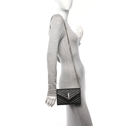 Saint Laurent Grain De Poudre Matelasse Chevron Monogram Envelope Chain Wallet Black 2 of 11