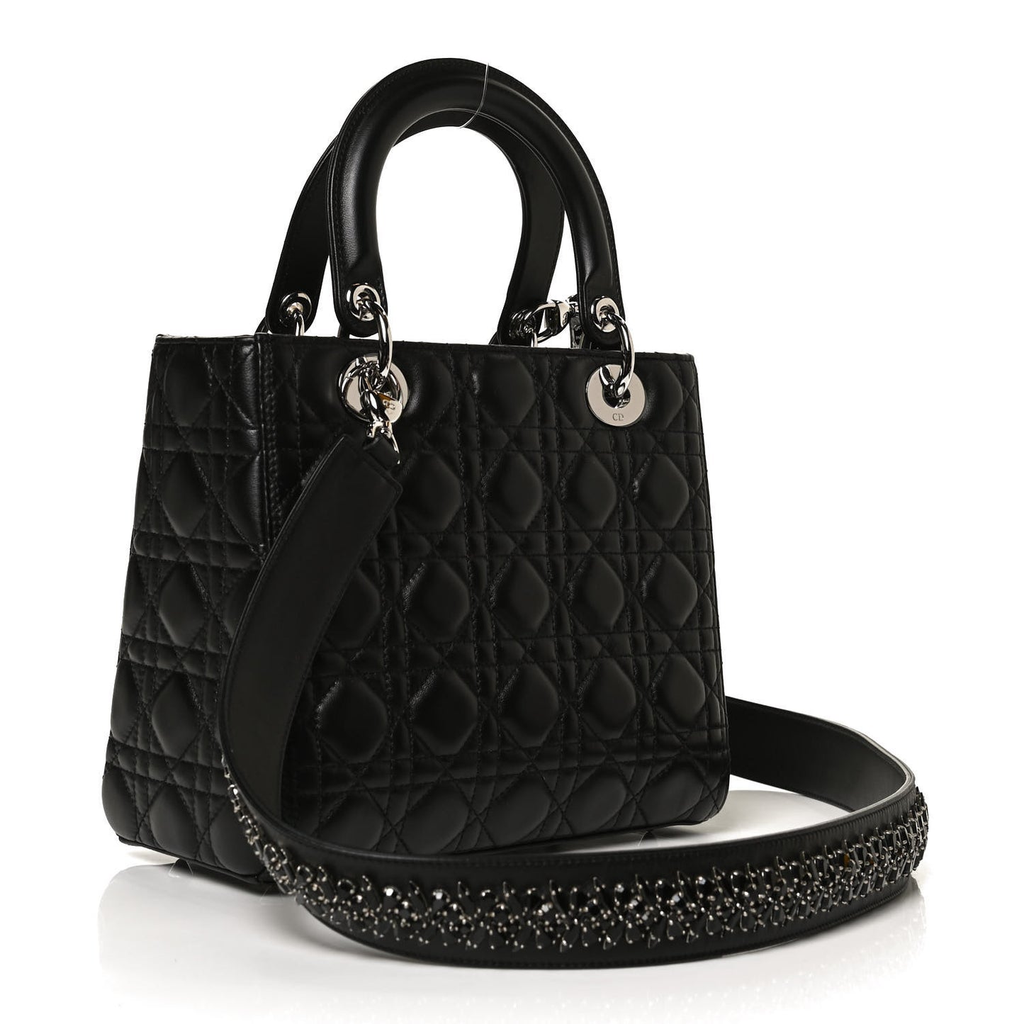 Lambskin Cannage Medium Lady Dior Crystal Strap Black
