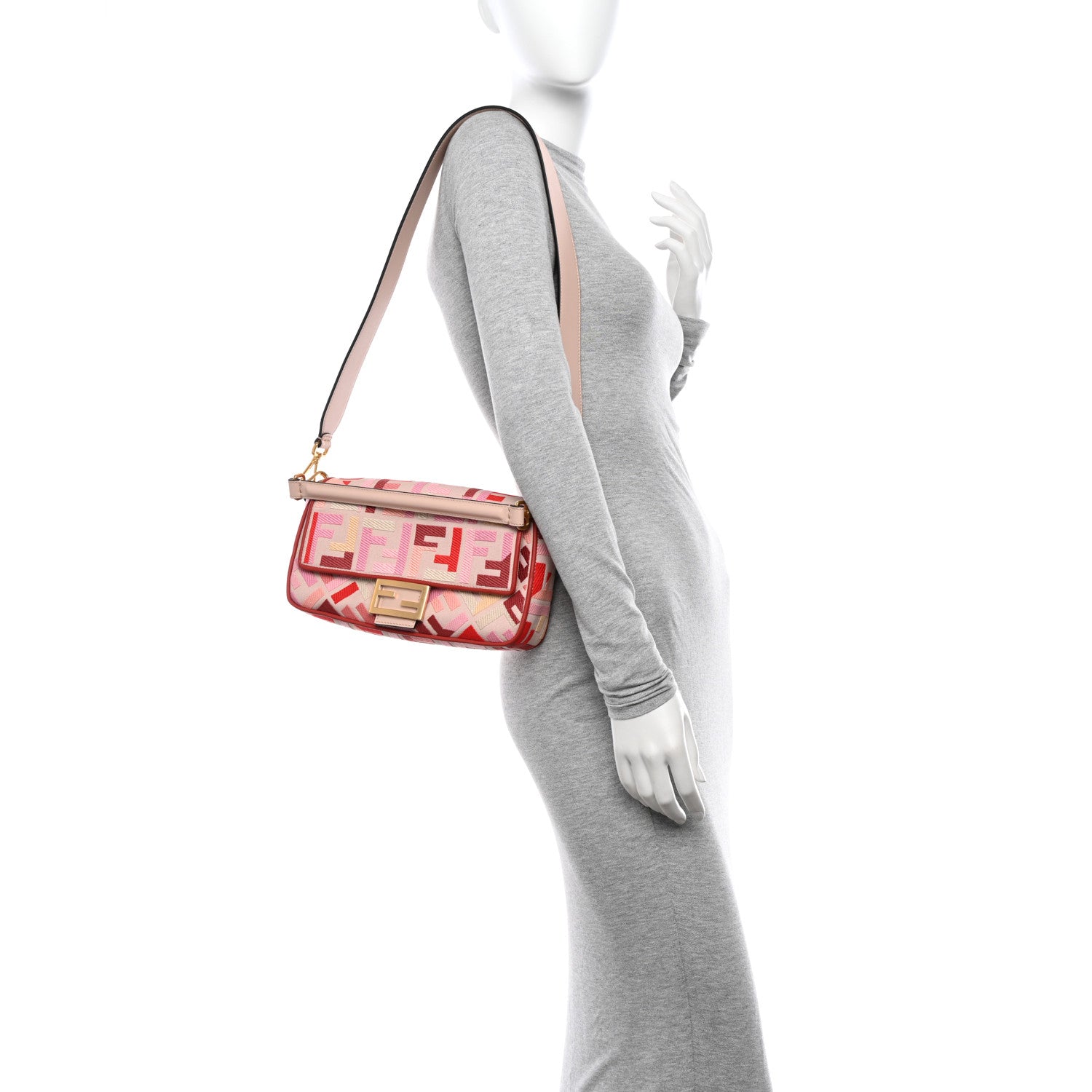 Fendi Canvas Vitello King FF Embroidered Baguette Rosa Quarzo Bloody Mary Multicolor 2 of 9
