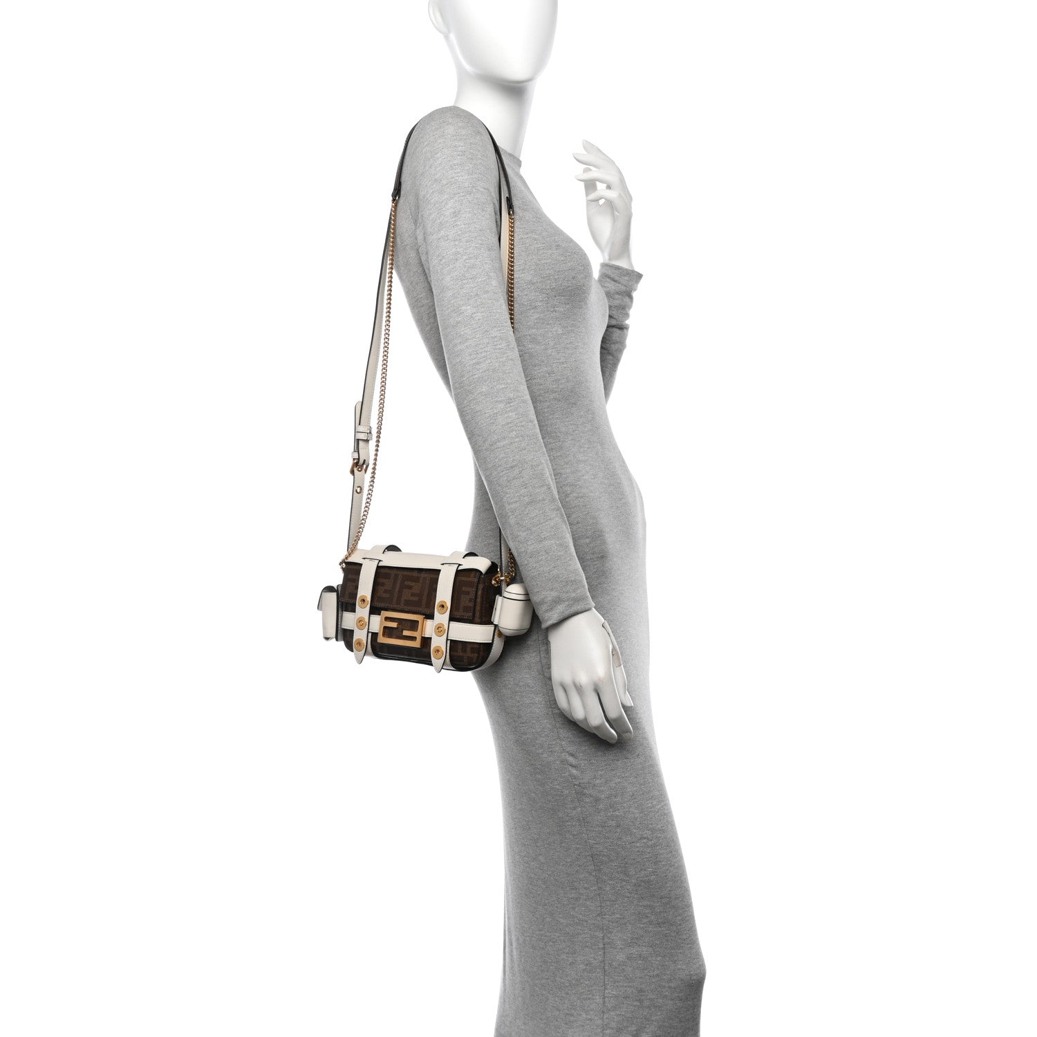 Fendi Glazed Fabric Vitello Century FF 1974 Mini Baguette Cage Mogano Panna White Ice 2 of 10