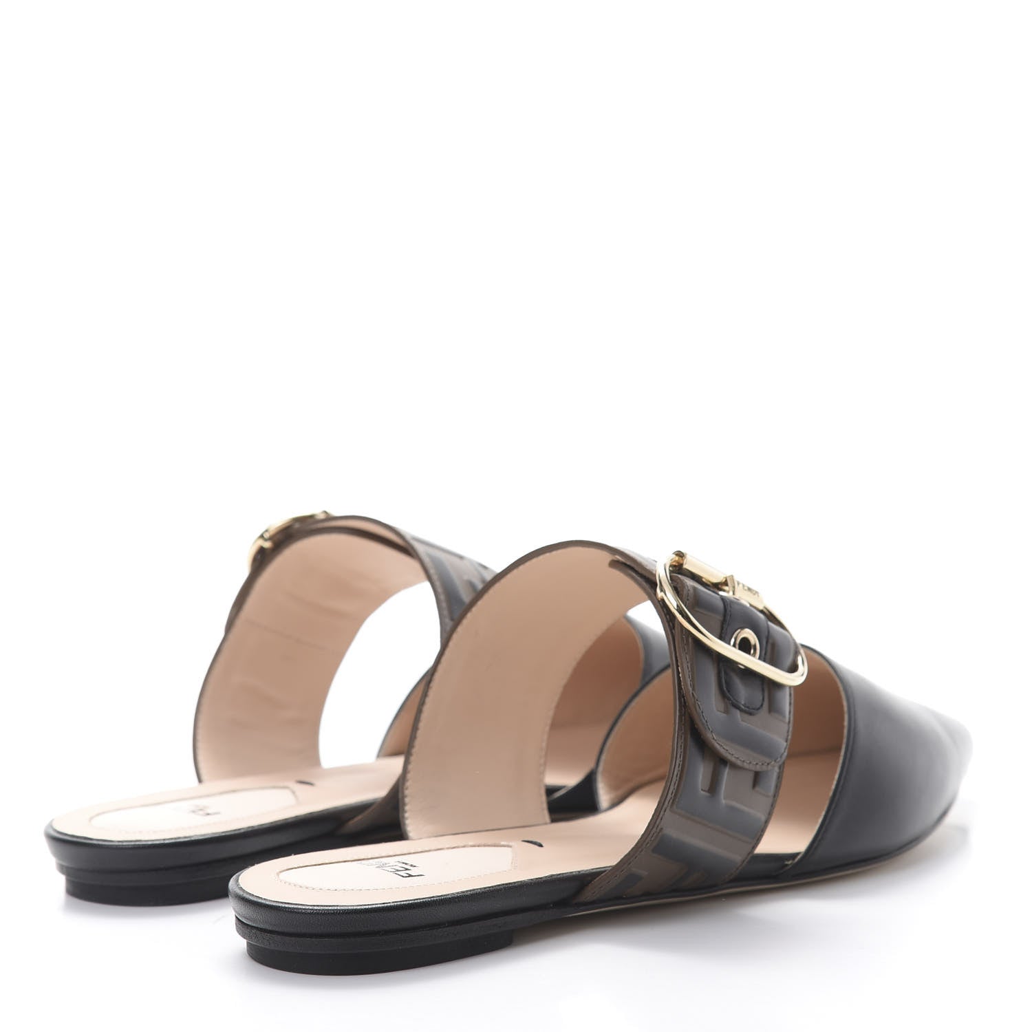 Fendi Vitello FF Embossed Buckle Flat Mules 36.5 Maya Black 4 of 9
