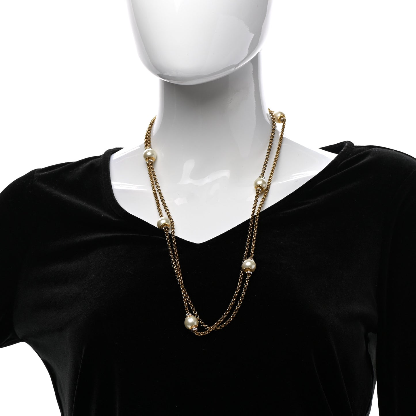 Crystal Pearl Long Necklace Gold