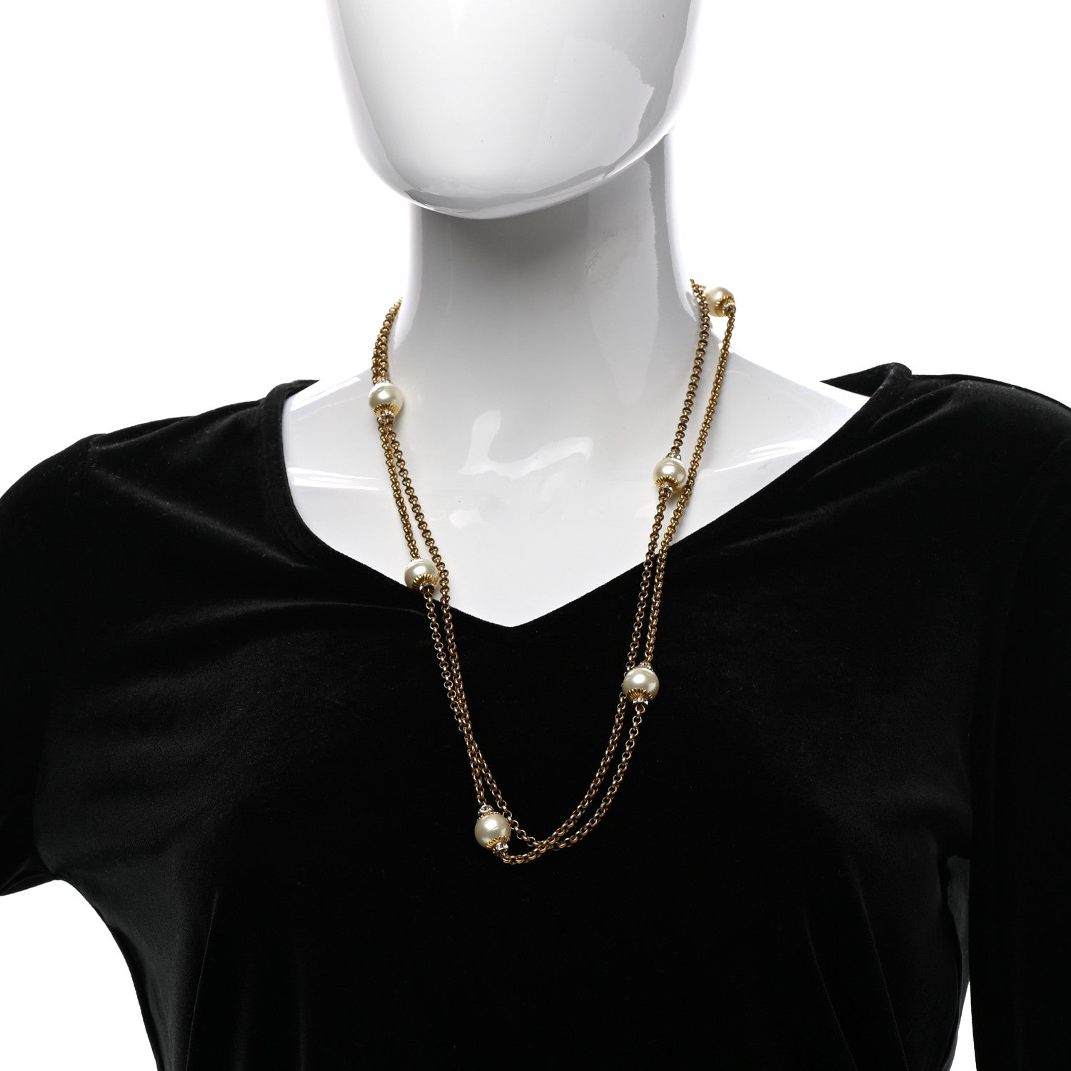 Chanel Crystal Pearl Long Necklace Gold 2 of 5