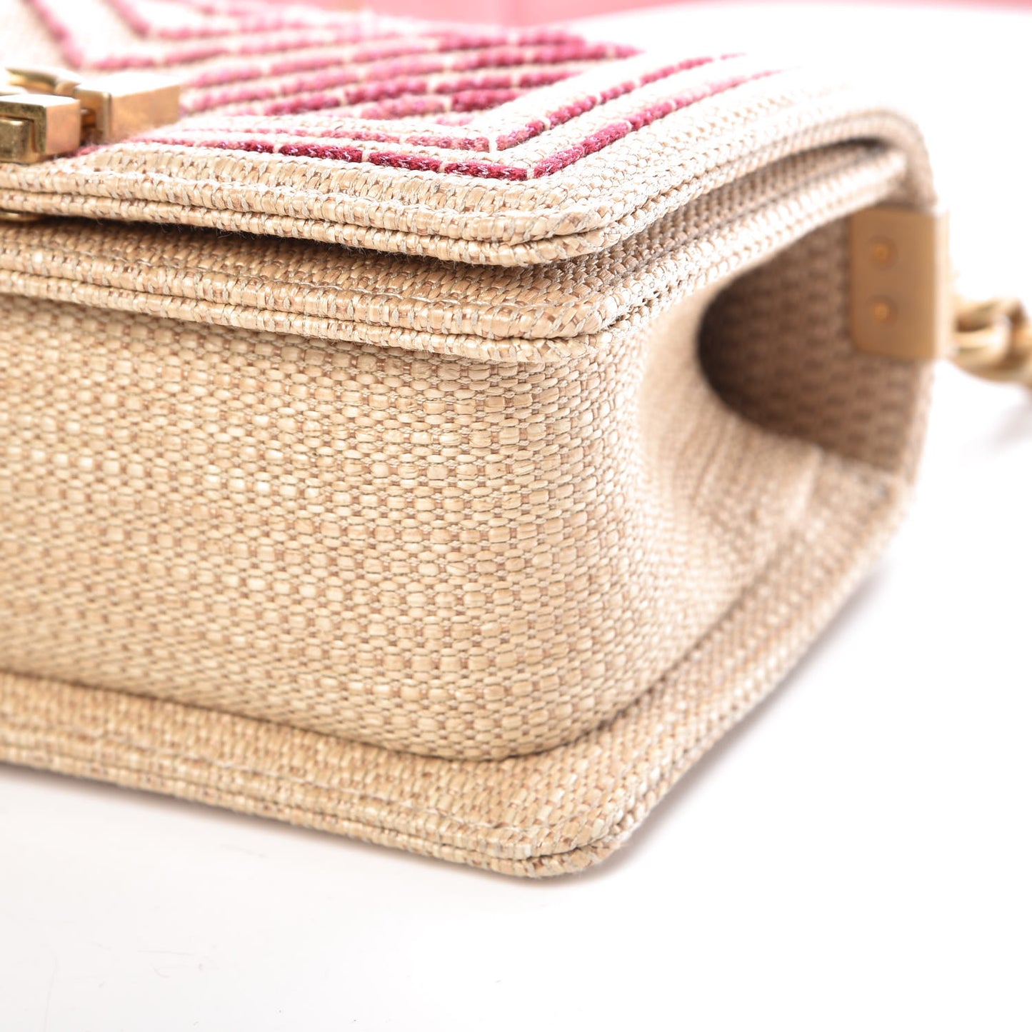 Cotton Canvas Calfskin Chevron Embroidered Small Boy Flap Beige Pink