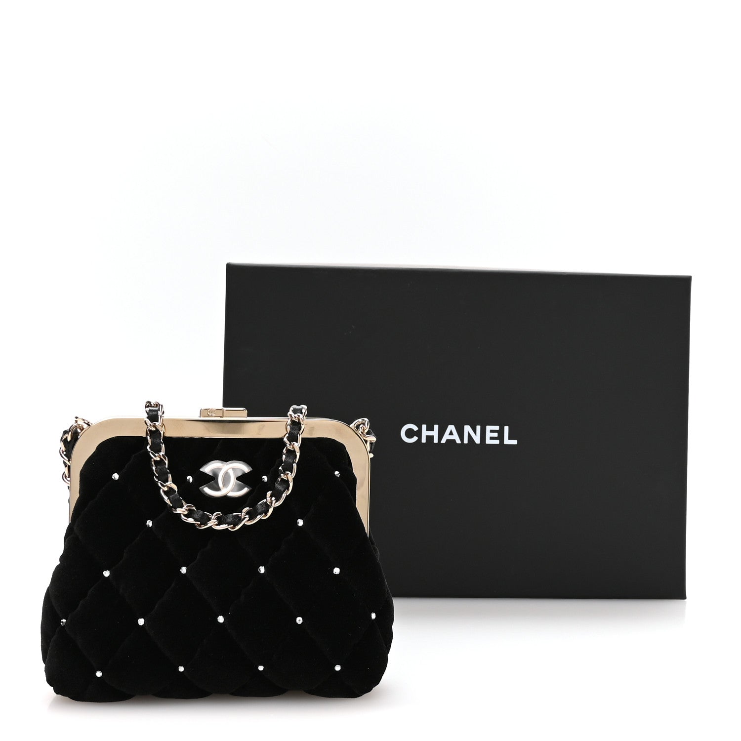 Chanel Velvet Diamante Quilted Kiss Lock Clutch Black 1909733