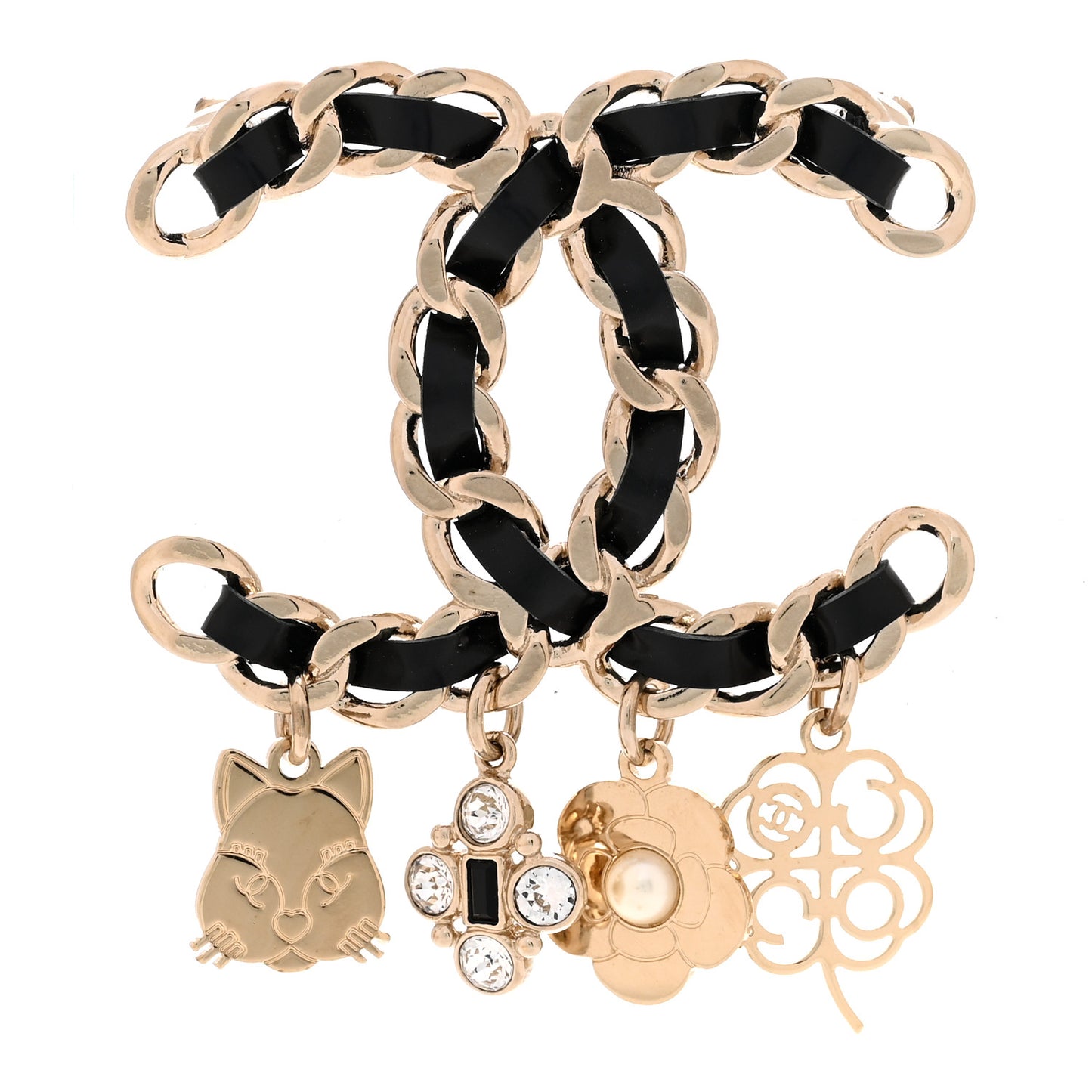 Lambskin Crystal Chain CC Charms Brooch Black Gold