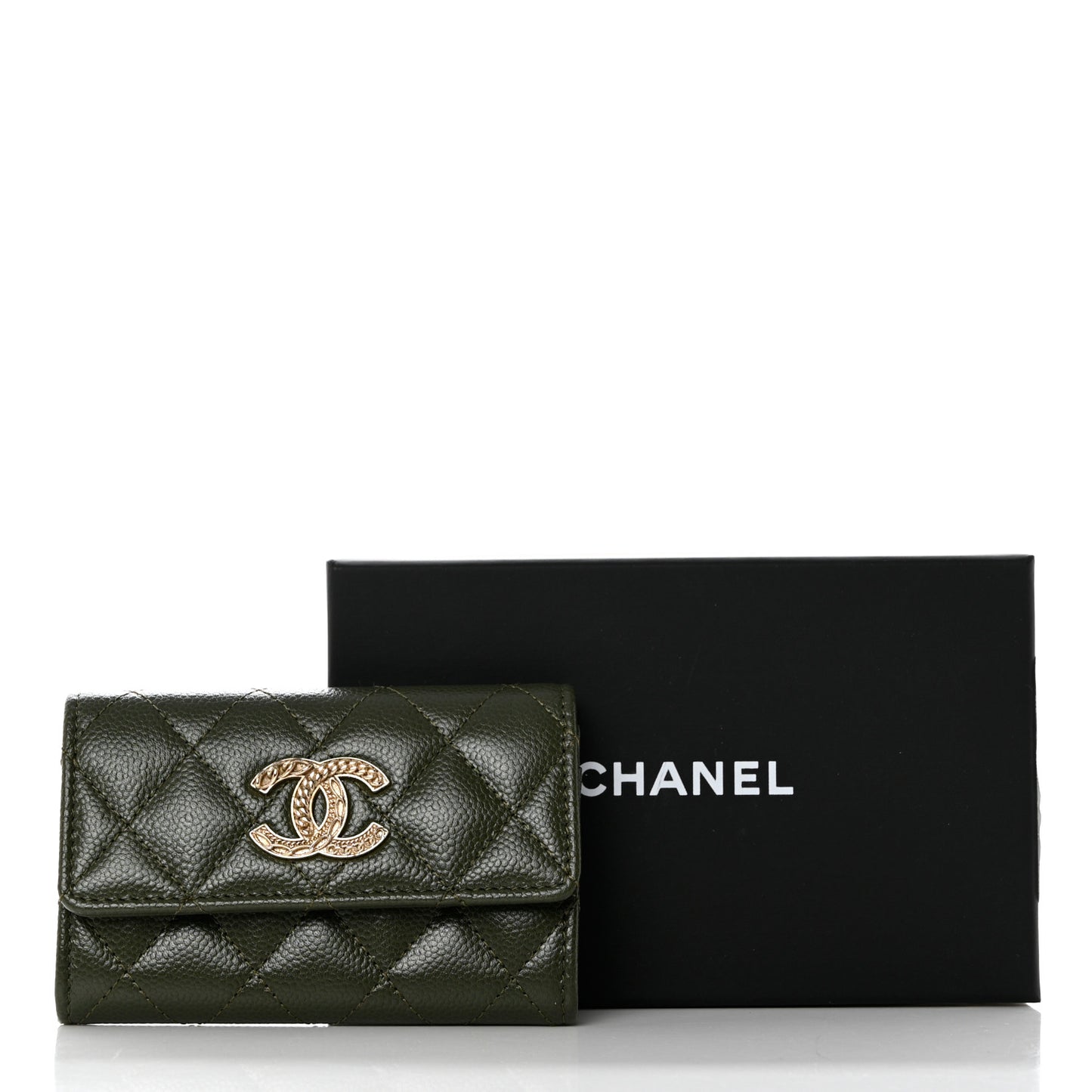 Caviar Quilted Chain CC Flap Card Holder Khaki