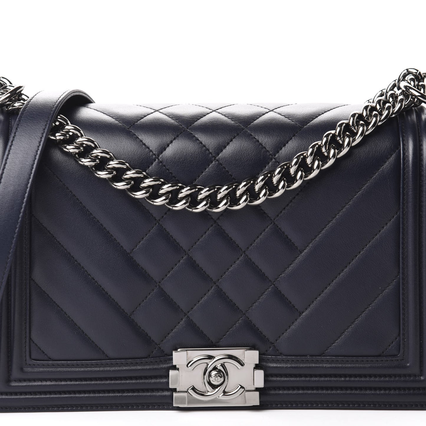 Calfskin Chevron Quilted Medium Boy Flap Navy Blue