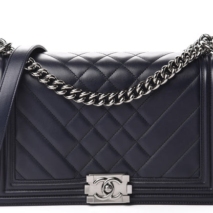 Chanel Calfskin Chevron Quilted Medium Boy Flap Navy Blue 15 of 16