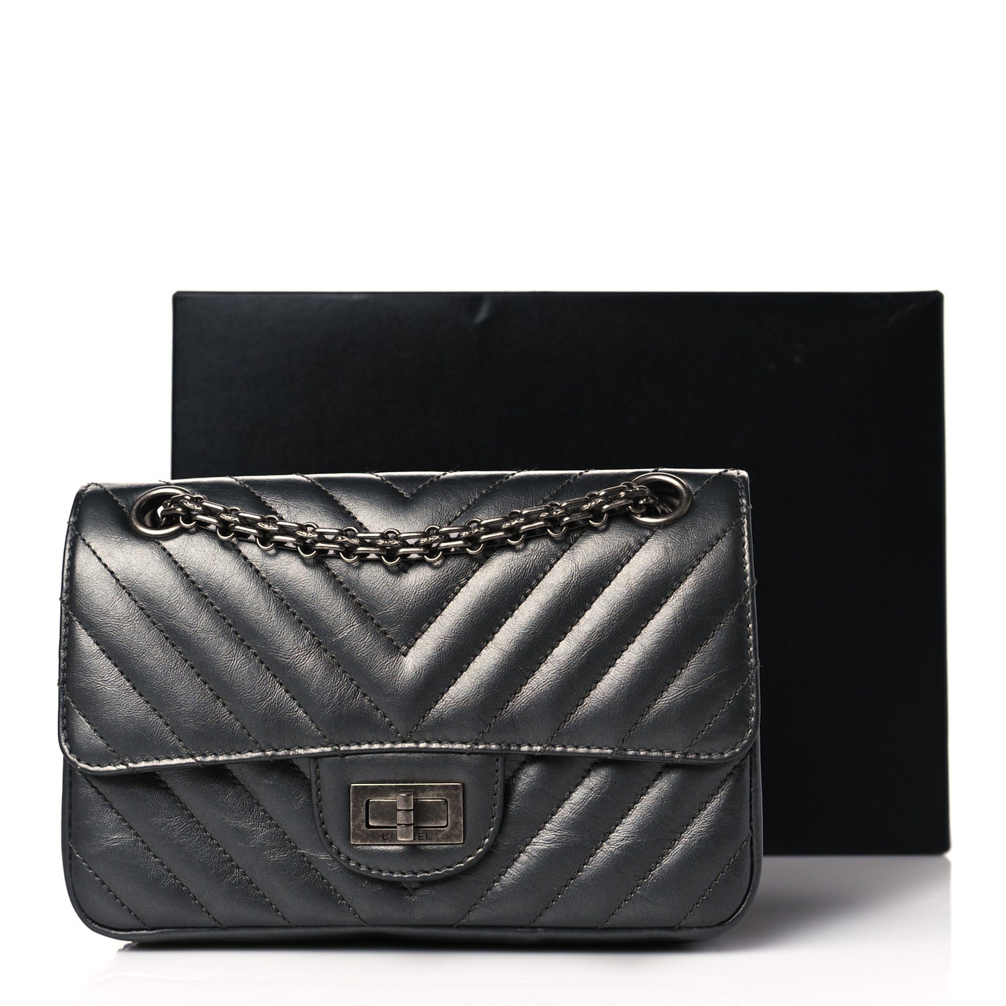 Metallic Aged Calfskin Chevron Quilted 2.55 Reissue Mini Flap Grey