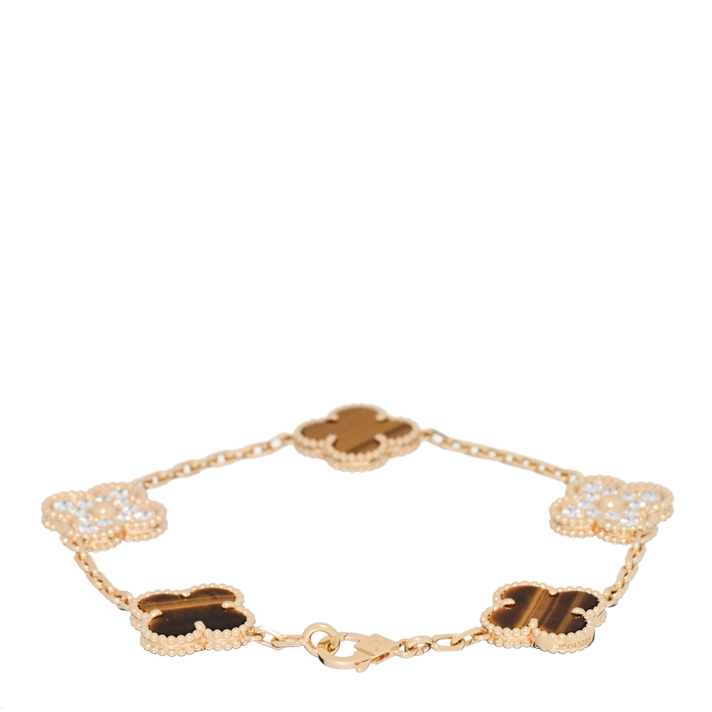 18K Yellow Gold Diamond Tiger Eye 5 Motifs Vintage Alhambra Bracelet