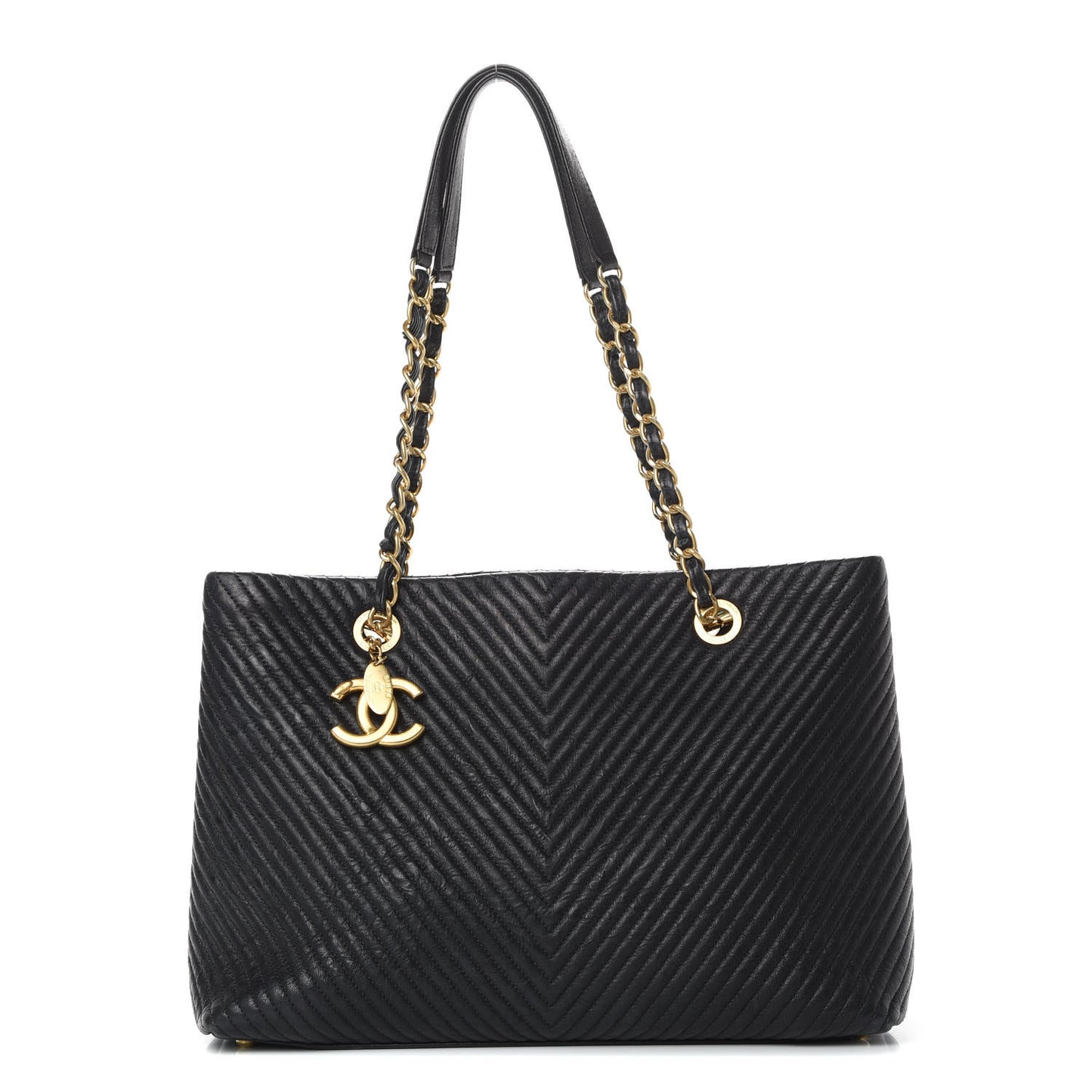 Wrinkled Lambskin Chevron Quilted Large Surpique Tote Black