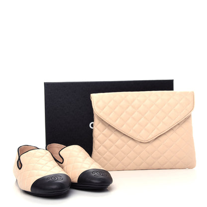 Chanel Lambskin Quilted Cap Toe Slipper With Pouch 37 Beige Black 12 of 12