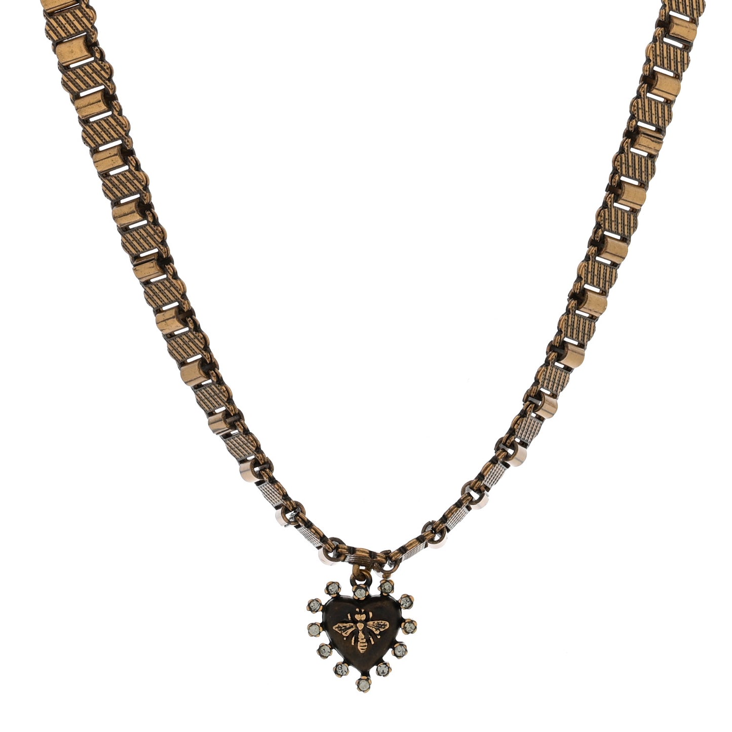 Metal Crystal Bee Heart Choker Necklace Aged Gold