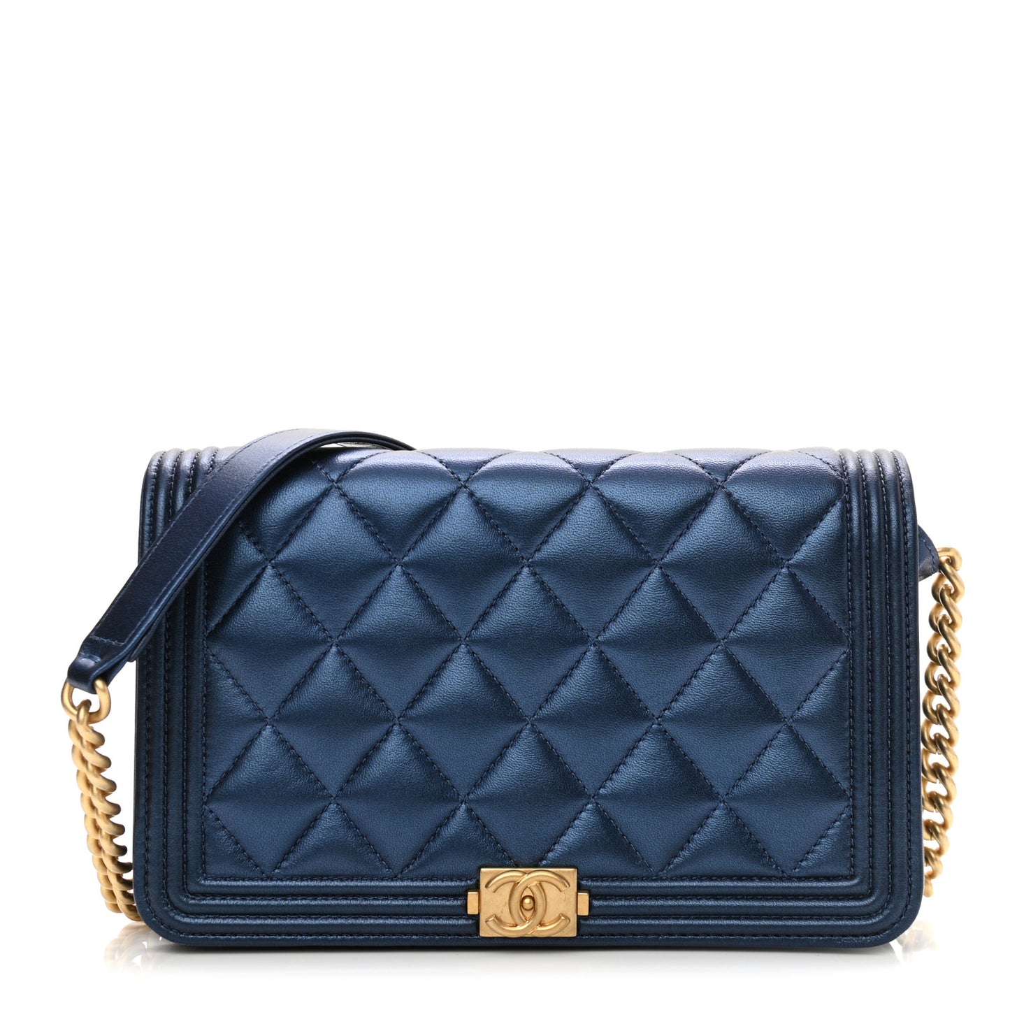 Metallic Lambskin Quilted Boy Wallet On Chain WOC Blue