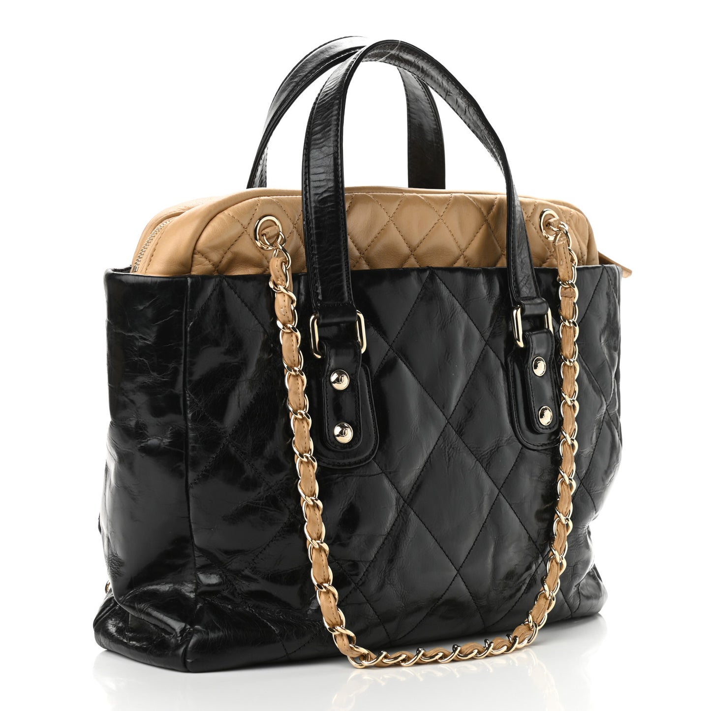 Glazed Calfskin Lambskin Portobello Tote Black Beige
