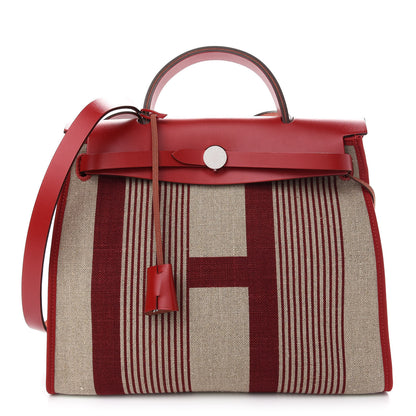 Hermes Vache Hunter Toile H Vibration Herbag Zip 31 PM Bordeaux Ficelle Rouge Piment 3 of 10