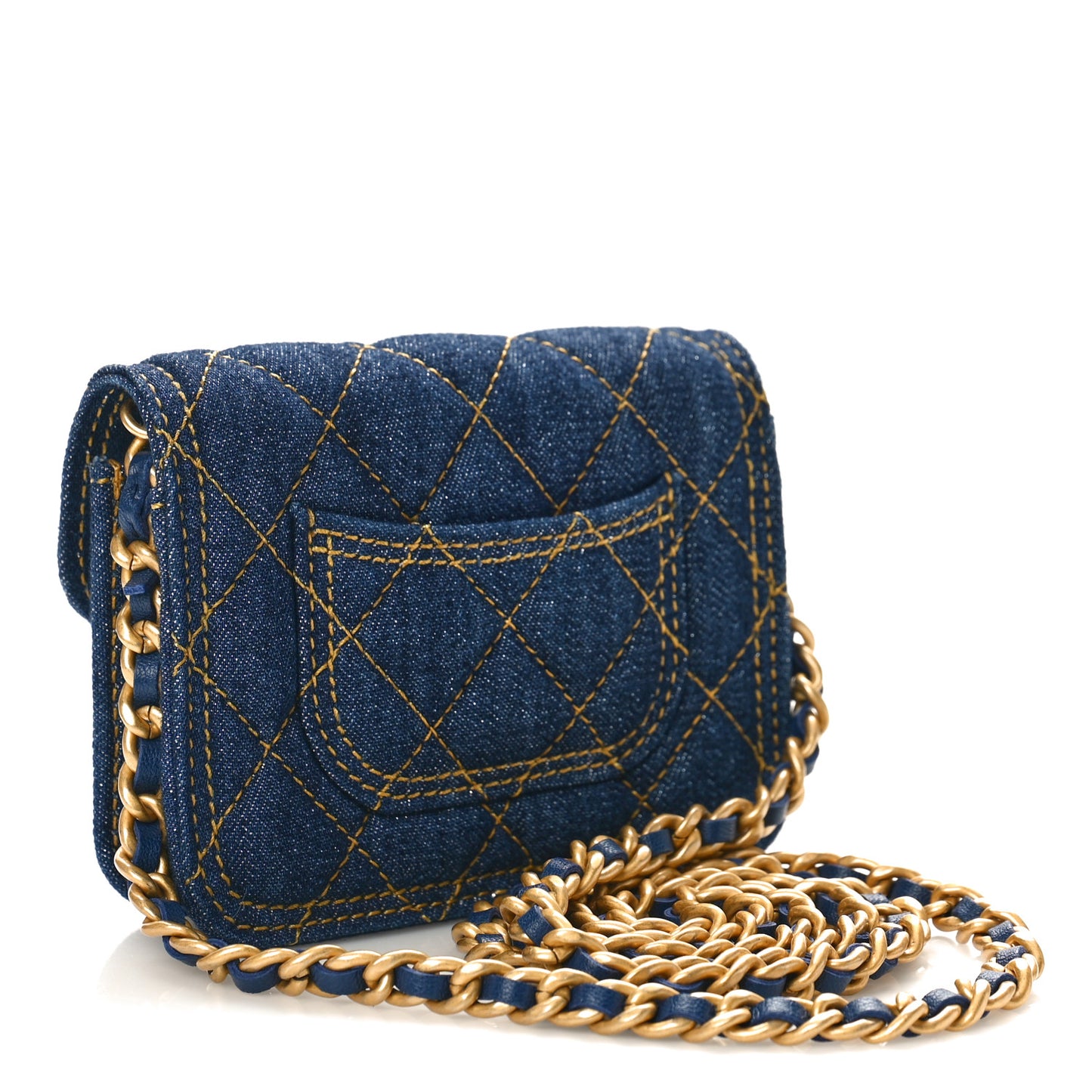 Denim Quilted Double You Card Holder On Chain Blue