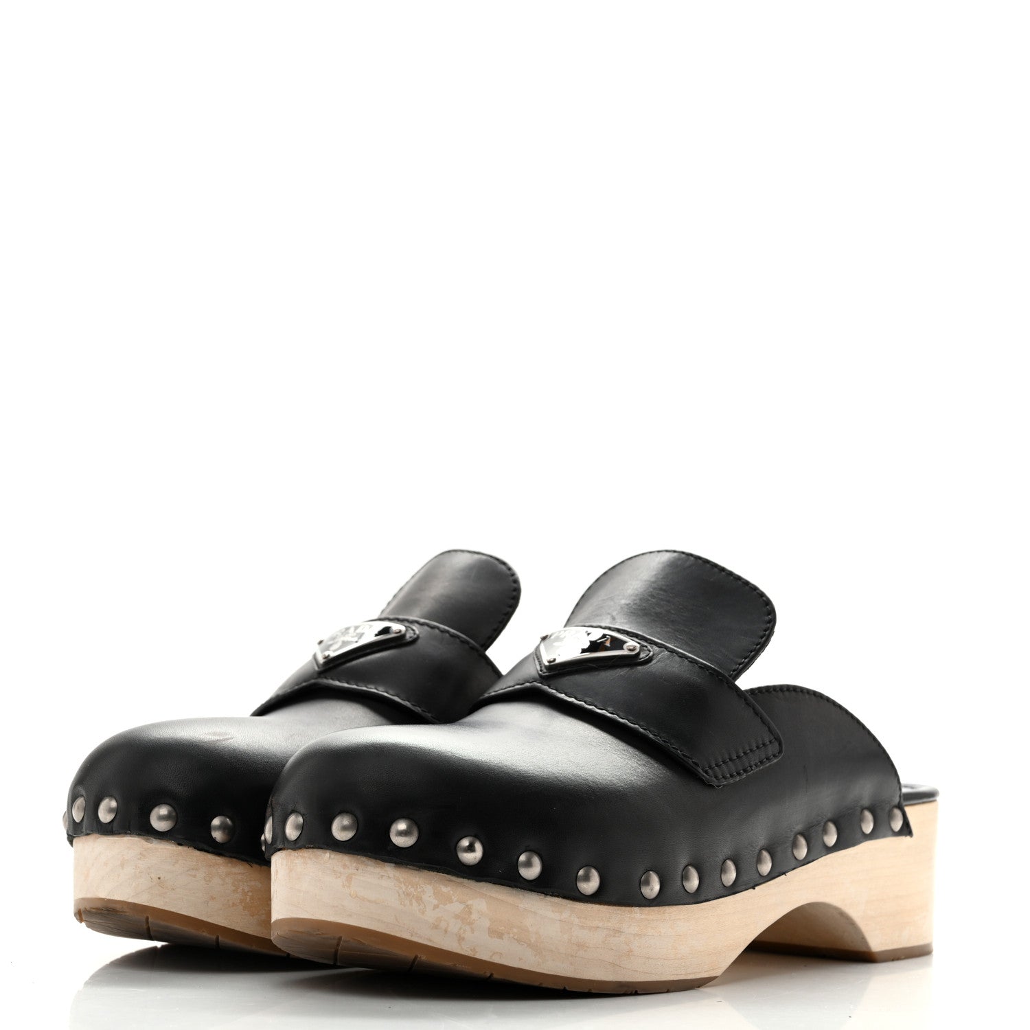 Prada Natural Calfskin Metal Triangle Logo 45mm Clogs 40 Black Sabbia 4 of 15