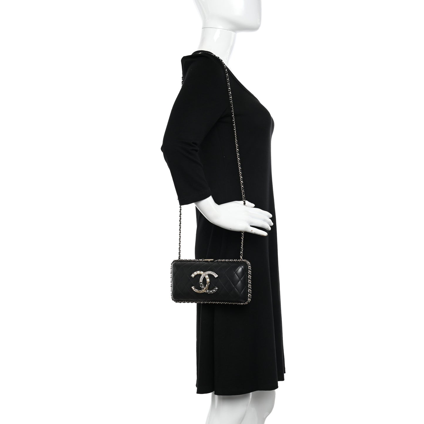 Lambskin Quilted Pearl Crystal Chain Around Clutch Black