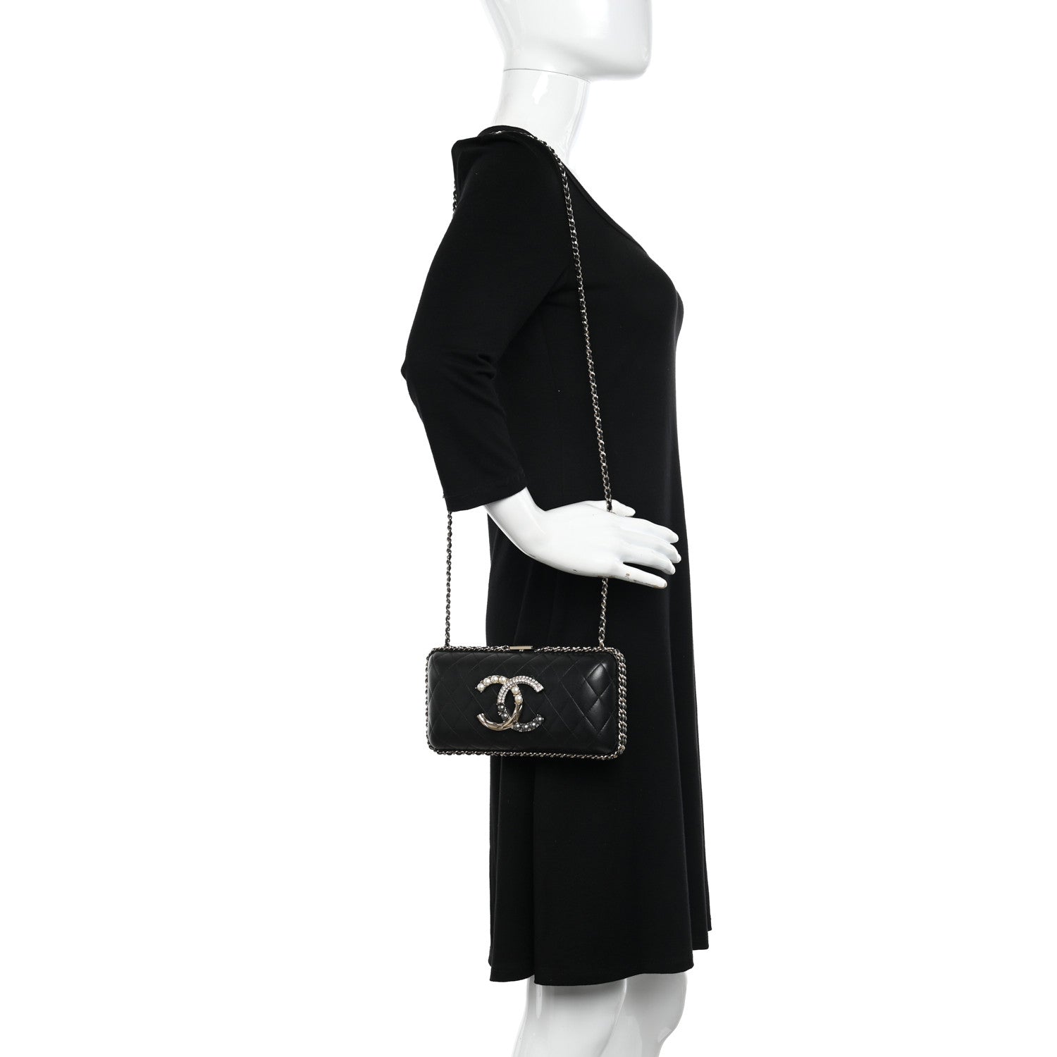 Chanel Lambskin Quilted Pearl Crystal Chain Around Clutch Black 2 of 20