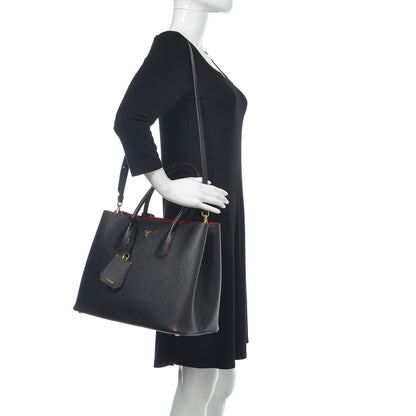 Prada Saffiano Cuir Large Double Bag Black Fuoco 2 of 10