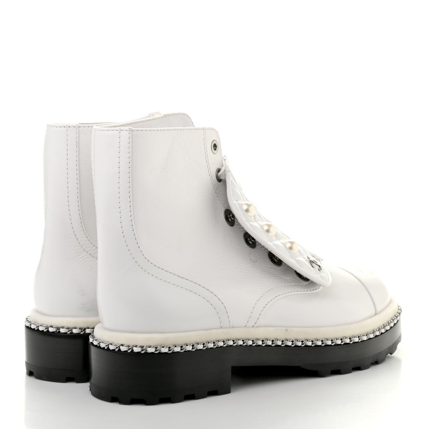 Crackled Calfskin Pearl Chain CC Combat Short Boots 37 White