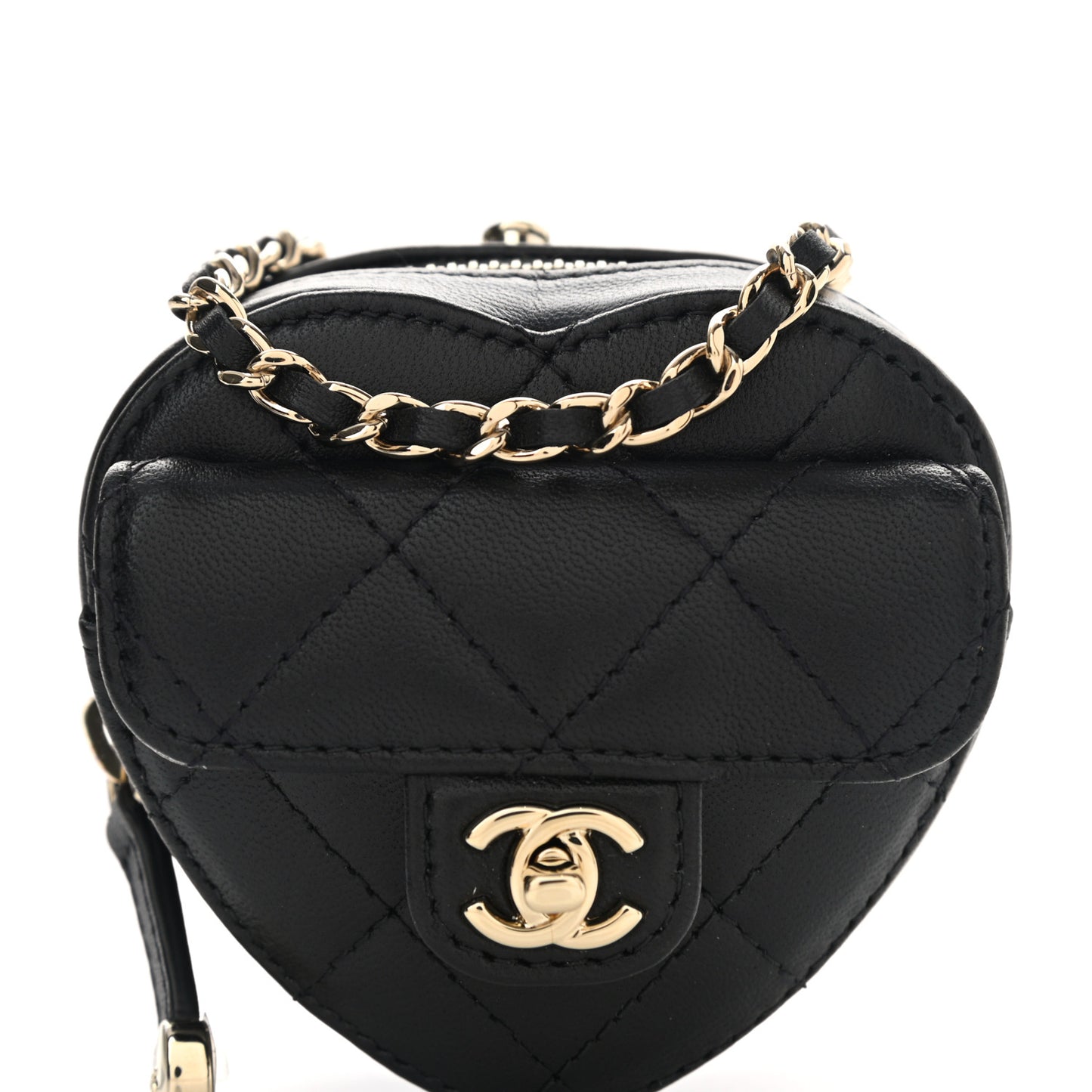 Lambskin Quilted CC In Love Heart Coin Purse With Chain Black