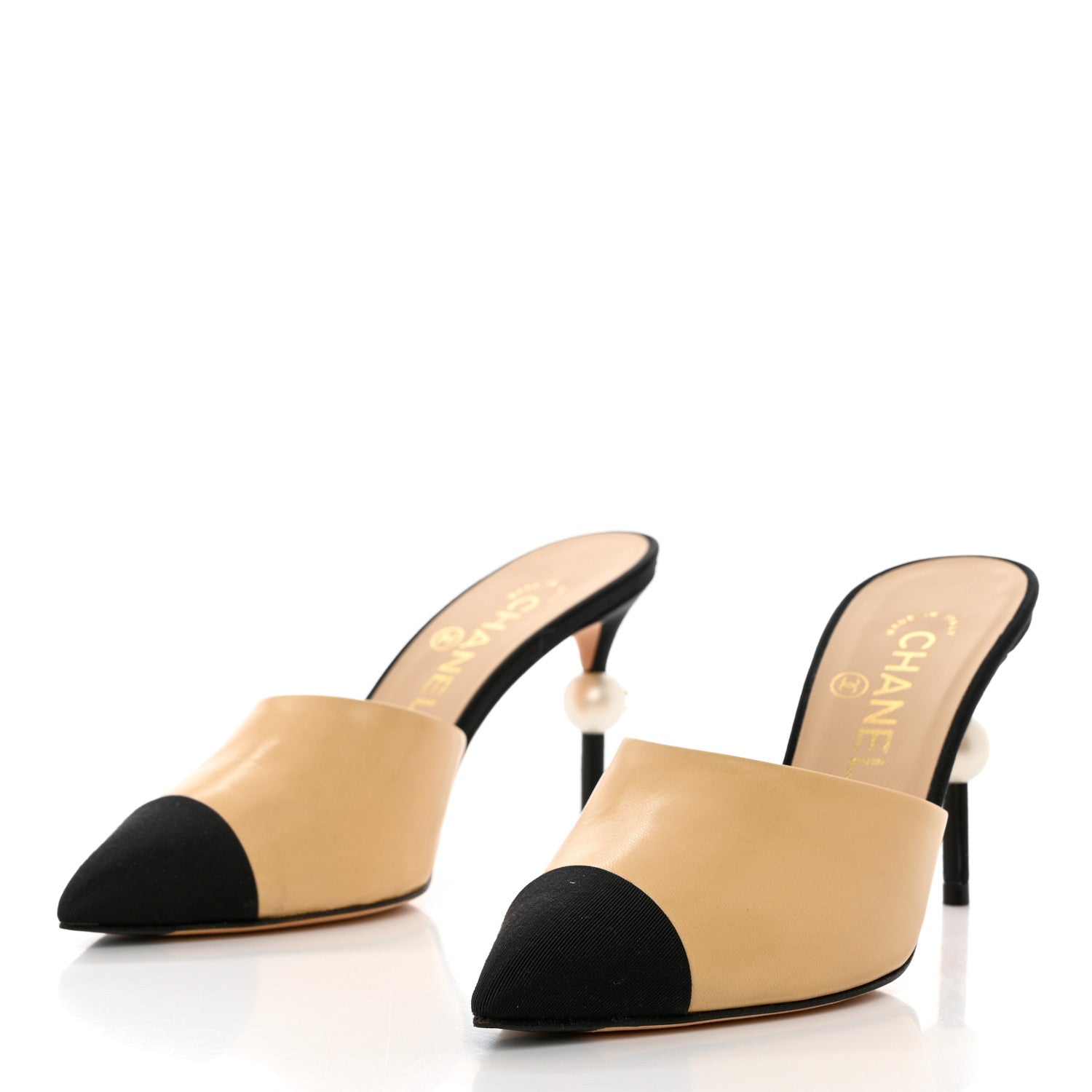Chanel Goatskin Grosgrain Cap Toe Pearl Mule 36 Beige Black 3 of 13