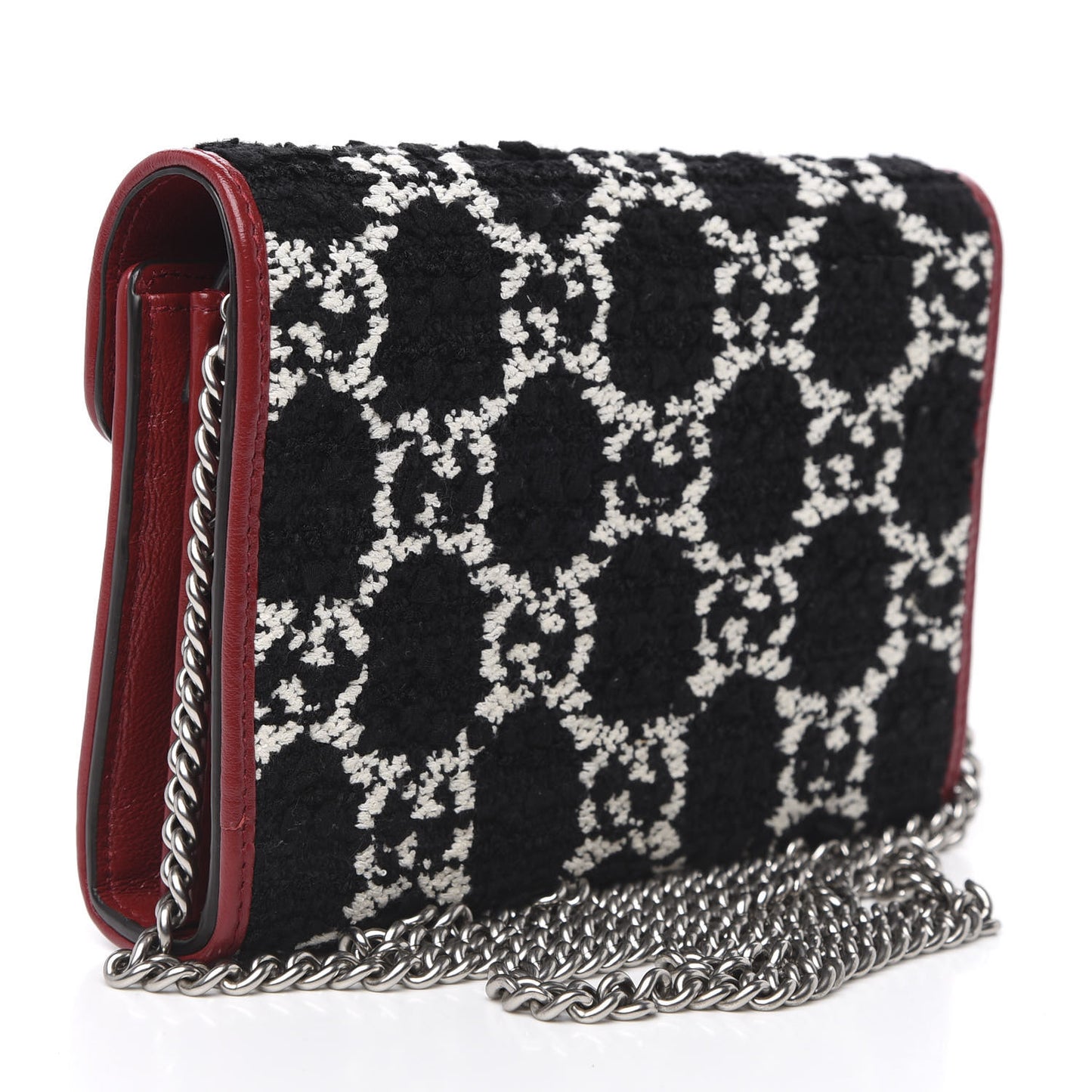 Tweed GG Monogram Mini Dionysus Chain Wallet Black White Romantic Cherry