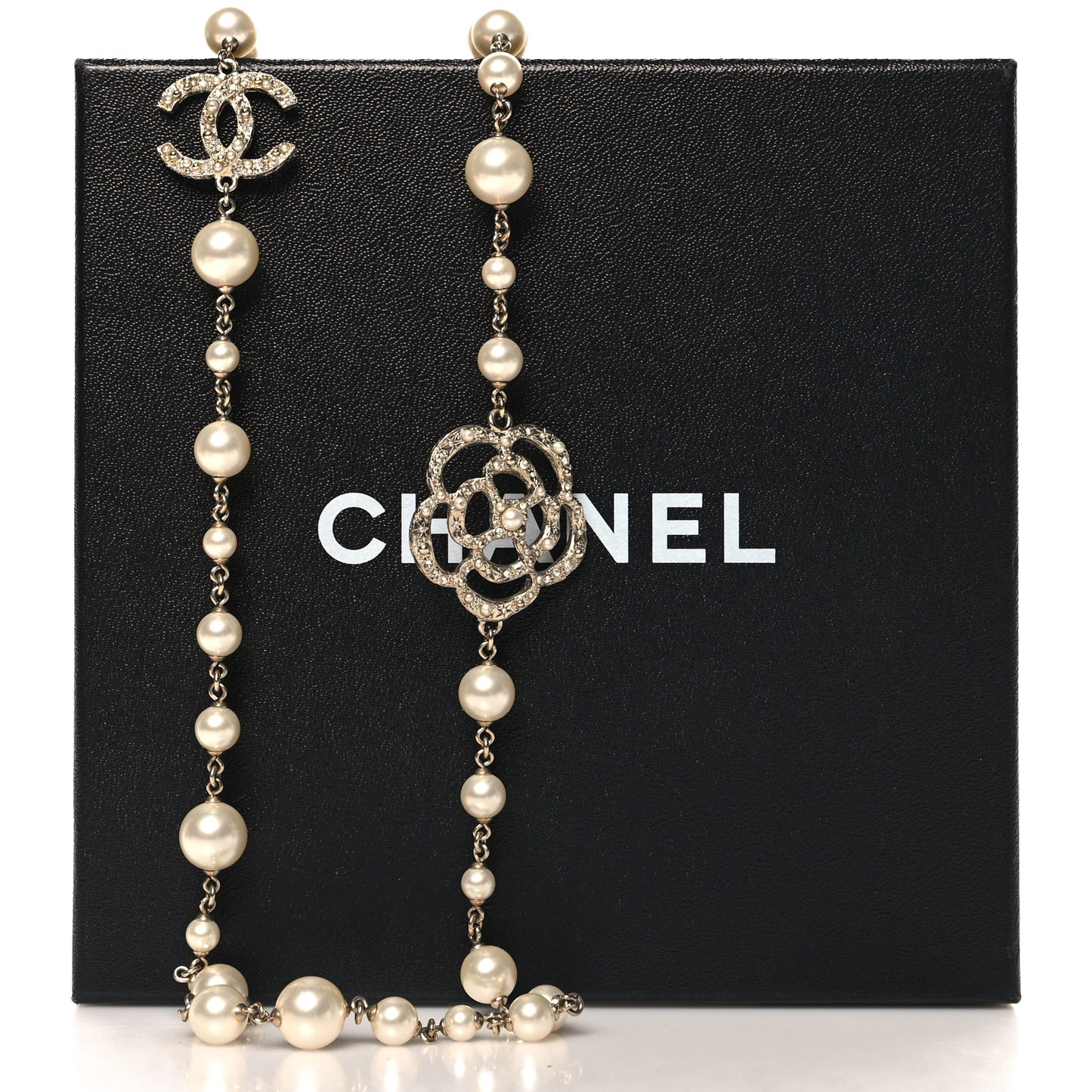 Pearl Crystal Camellia CC Necklace Gold