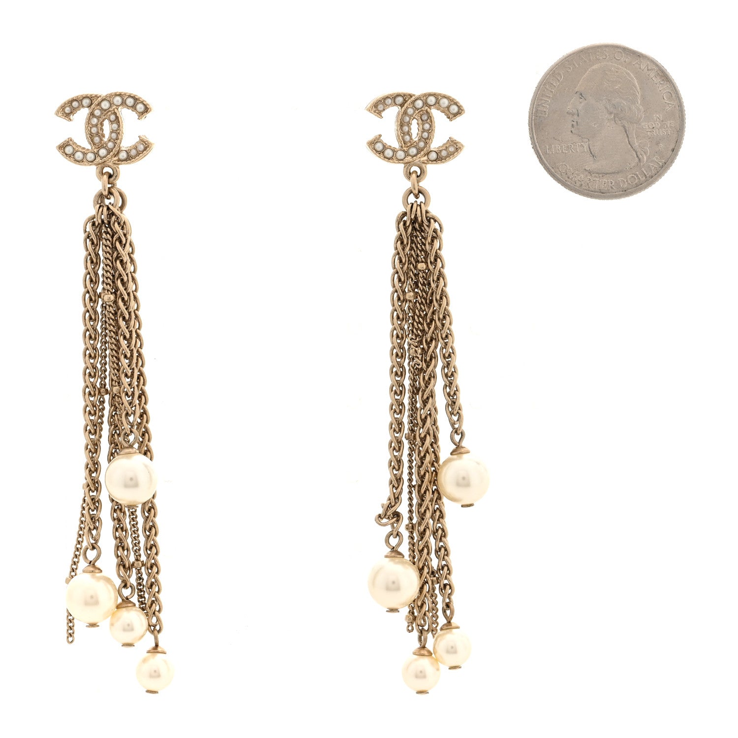 Chanel Chain Pearl CC Drop Earrings Light Gold 2 of 5