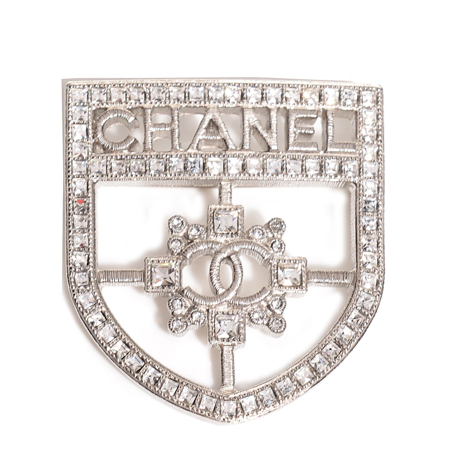 Crystal CC Shield Brooch Silver
