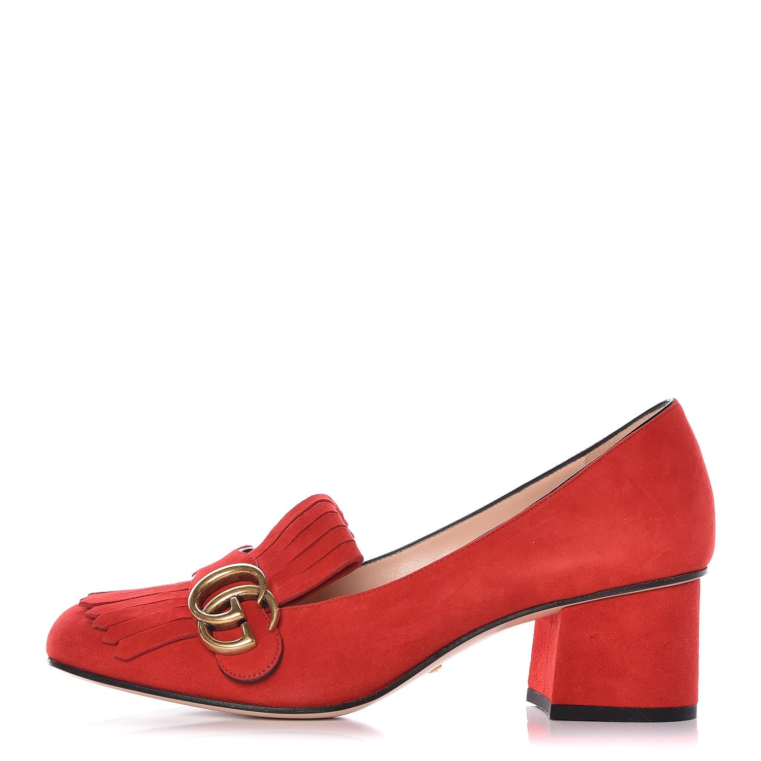Gucci Kid Scamosciato GG Marmont Fringe 50mm Loafer Pumps 39 Vulcanic Red 1 of 8