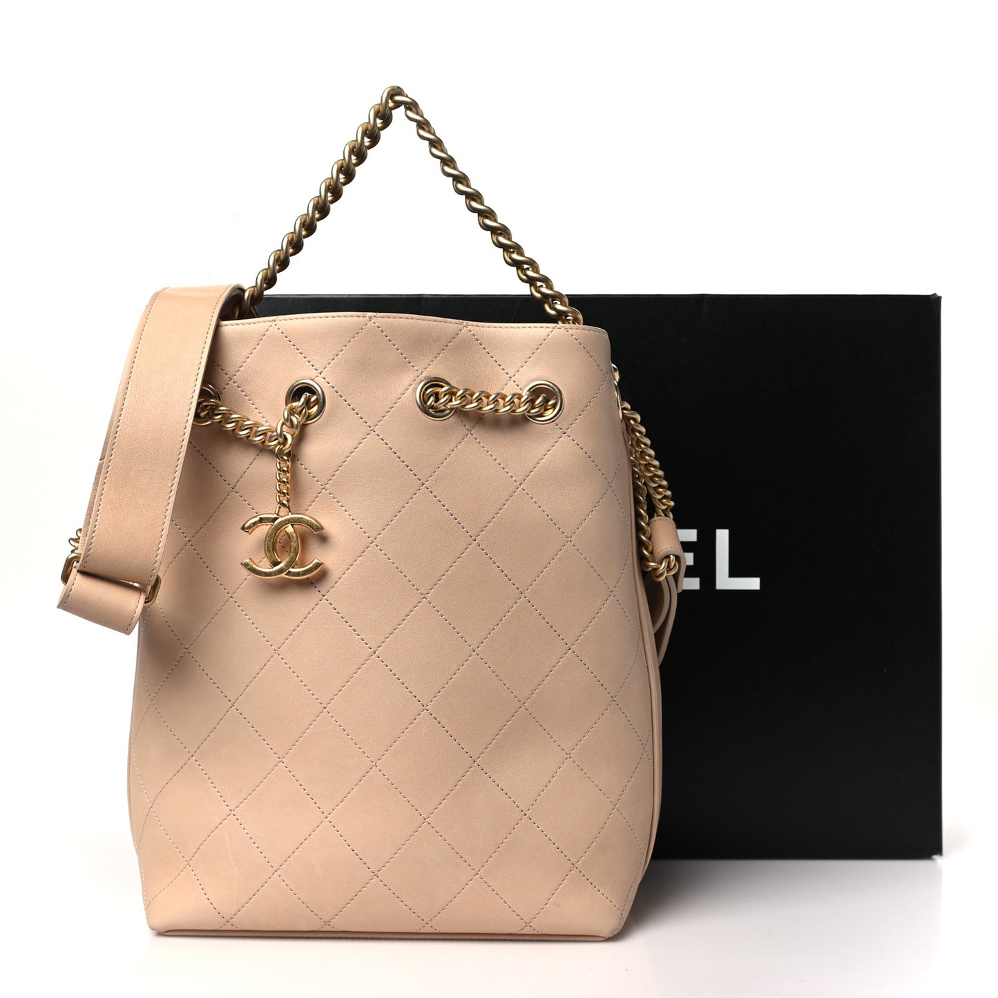 Calfskin Quilted Small On My Shoulder Drawstring Bag Beige