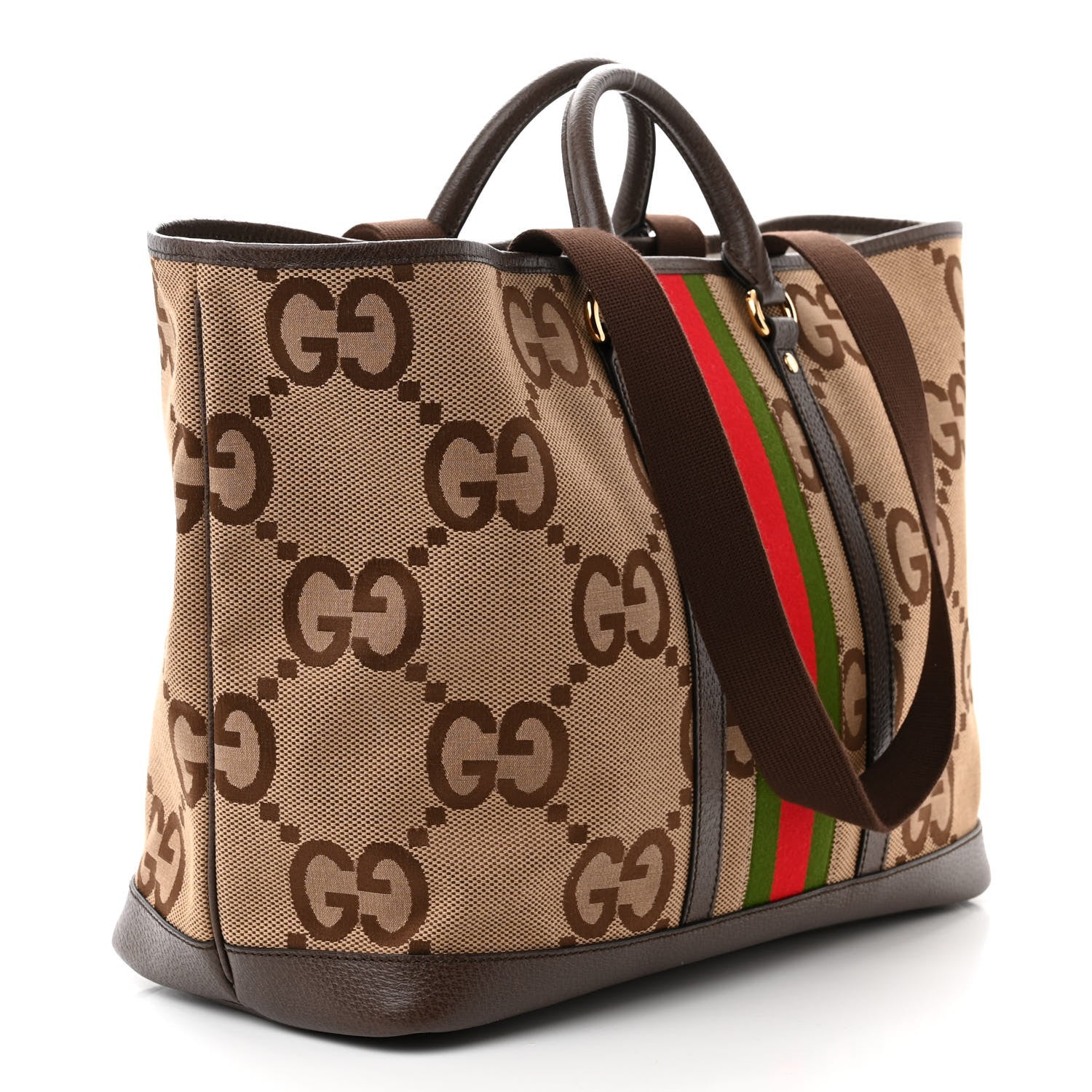 Gucci Monogram Jumbo GG Textured Dollar Calfskin Web Medium Ophidia Shopping Tote Camel Ebony 3 of 10