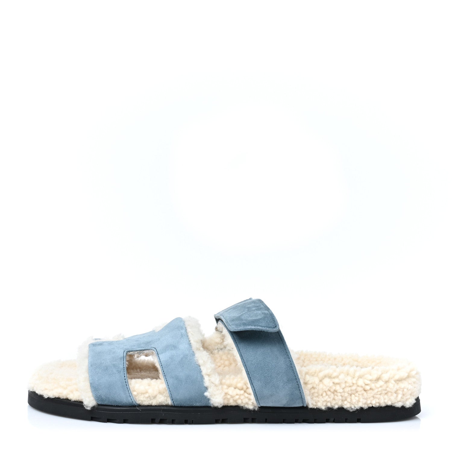 Hermes Suede Goatskin Woolskin Womens Chypre Sandals 39.5 Bleu Pinede Ecru 1 of 8