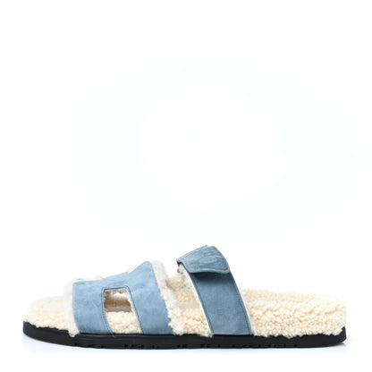 Hermes Suede Goatskin Woolskin Womens Chypre Sandals 39.5 Bleu Pinede Ecru 1 of 8